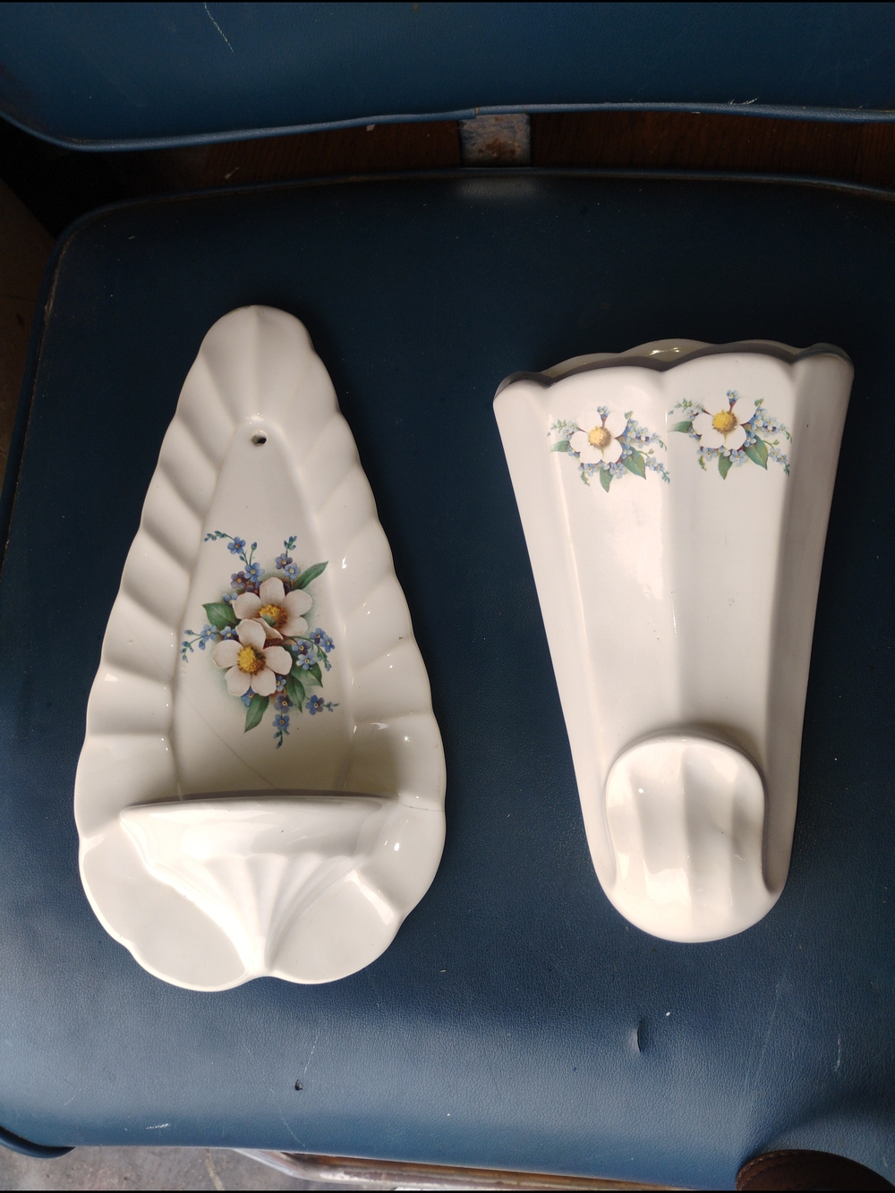 Vintage Mccoy White Ceramic Floral Wall Pockets with Yellow-Centered Blooms